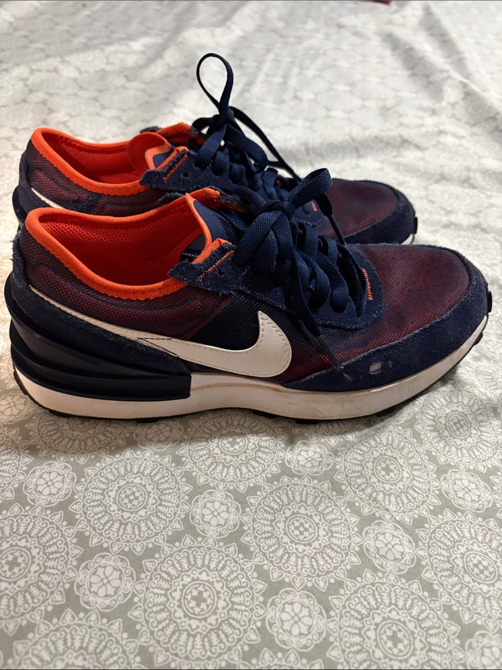 Nike Navy and Orange Low-Top Sneakers with White Swoosh